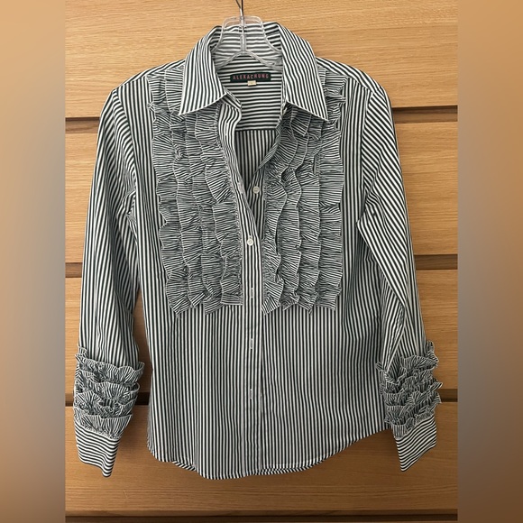 Alexa Chung Green and White Striped Ruffle Button-down Shirt 100% cotton US 2 - Picture 4 of 15